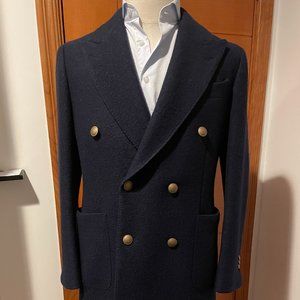 Suitsupply Double Breasted Navy Overcoat with Back Belt and Brass Buttons (38R)